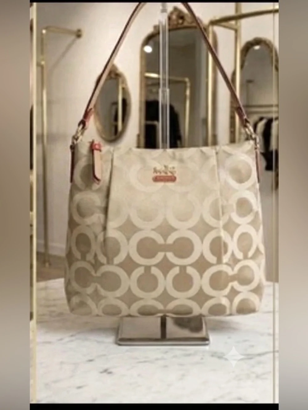 Coach Signature C Hobo Bag Beige Canvas & Vibrant Red-Orange Trim  Serial J1276
